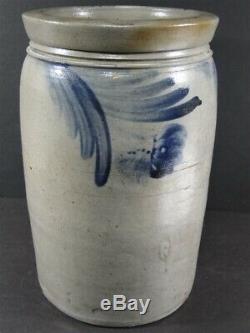 Antique Gray Stoneware Cobalt Blue Decorated Flower 2G CROCK 2 in dotted circle