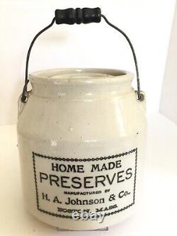 Antique HOME MADE PRESERVES CROCK by H. A. Johnson & Co. Boston Massachusetts