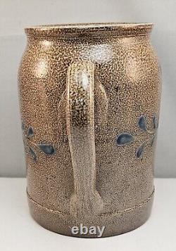 Antique Handmade Stoneware Salt Glazed Crock Pottery Jug with Handle Rare, HTF