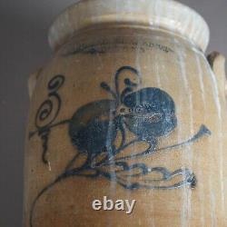 Antique Hubble And Chesebro Blue Decorated Stoneware Crock C1880