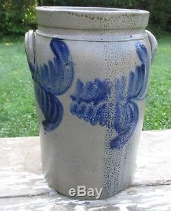Antique JAMES RIVER BOLD COBALT BLUE FEATHER DECORATED 4 Gal. CROCK S. S. Perry