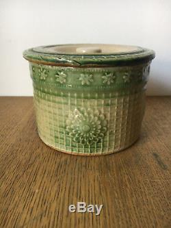 Antique McCoy DAISY yellow stone ware crock butter jar container green #2
