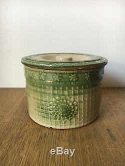 Antique McCoy DAISY yellow stone ware crock butter jar container green #2