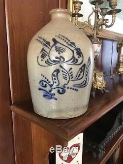 Antique New England 1 Gal. Highly Decorated Cobalt Blue Stoneware Salt Glaze Jug