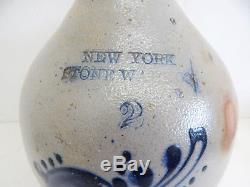 Antique New York Stoneware Cobalt Blue Flower 2 Gallon Jug Crock Salt Glazed