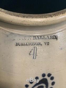Antique OL & AK BALLARD Burlington VT 4 Gal Stoneware Crock Jar Cobalt Decorated
