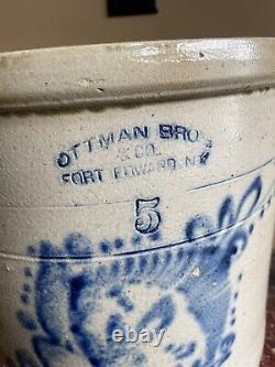 Antique Ottman Bros Fort Edward, NY 5 Gal Salt Glaze Blue Cobalt Stoneware Crock