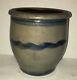 Antique Ovid Stoneware Jar Crock Cobalt Blue Stripes Striper Salt Glaze Pottery