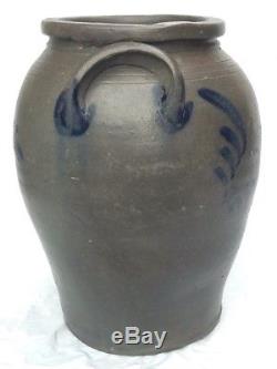 Antique Ovoid Gray Salt Glaze Stoneware Crock Pottery Cobalt Blue Slip Flower