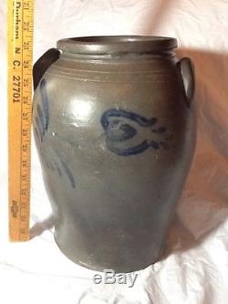 Antique Ovoid Gray Salt Glaze Stoneware Crock Pottery Cobalt Blue Slip Flower