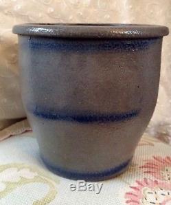 Antique PA Cobalt Blue & Grey Stripe Free Hand Stoneware Crock Jar Primitive