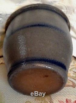 Antique PA Cobalt Blue & Grey Stripe Free Hand Stoneware Crock Jar Primitive