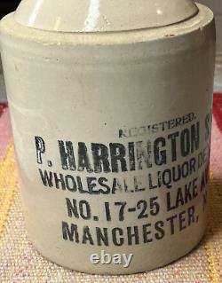 Antique P. Harrington Sons Manchester NH New Hampshire Advertising Crock Jug