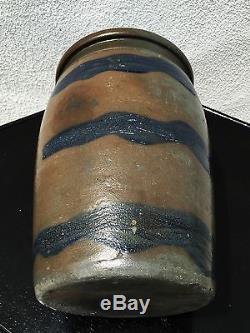 Antique Pa Stoneware Salt Glaze Cobalt Blue 3 Striper One Gallon Crock Jar Jug