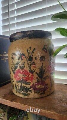 Antique Painted Flowers Stoneware Crock Shabby Floral Primitive