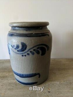 Antique Philadelphia Stoneware Jar, Crock, Cobalt flowers, Vines Salt Glazed