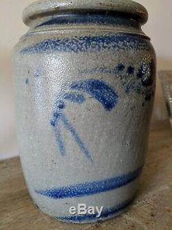 Antique Philadelphia Stoneware Jar, Crock, Cobalt flowers, Vines Salt Glazed