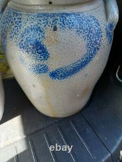 Antique Primi Vint 2G Salt Glaze Cobalt Deco Stoneware Jug Crock 2Handled