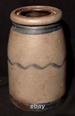 Antique Primitive 19C Wax Seal Top Salt Glaze Pottery Crock 3 Striper AAFA