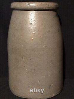 Antique Primitive 19C Wax Seal Top Salt Glaze Pottery Crock 3 Striper AAFA