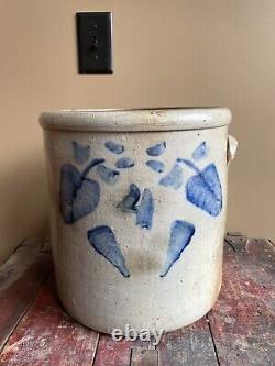 Antique Primitive 4 Gallon Salt Glazed Blue Cobalt Decorated Crock