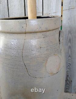 Antique Primitive 4 Gallon Stoneware Butter Churn with Salt Glaze, Cobalt Flower