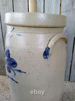 Antique Primitive 4 Gallon Stoneware Butter Churn with Salt Glaze, Cobalt Flower