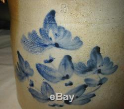 Antique Primitive 5 Gal Country USA Blue Colbalt Flower Leaf Art Stoneware Crock