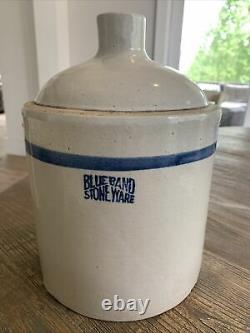 Antique Primitive Blue Band Stoneware Jug Crock Art Pottery Jar Vintage Rustic