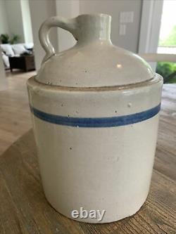 Antique Primitive Blue Band Stoneware Jug Crock Art Pottery Jar Vintage Rustic