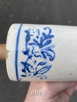 Antique Primitive Blue & White Flower Design Banded Stoneware Crock Rolling Pin