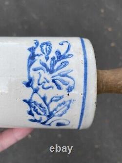 Antique Primitive Blue & White Flower Design Banded Stoneware Crock Rolling Pin