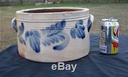 Antique Primitive Cobalt Blue Decorated Stoneware Cake Crock/jug With Lid-remmey