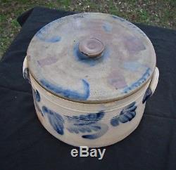 Antique Primitive Cobalt Blue Decorated Stoneware Cake Crock/jug With Lid-remmey