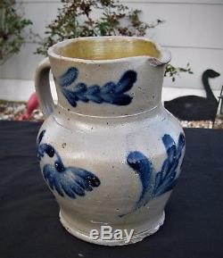 Antique Primitive Cobalt Blue Decorated Stoneware Crock/jug/pitcher-mid Atlantic