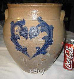 Antique Primitive Country Heart Ovoid Stoneware Cobalt Blue Salt Glaze Crock Jar