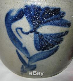 Antique Primitive Country USA Blue Colbalt Flower Art Stoneware Crock Bingnamton