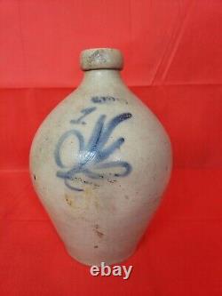 Antique Primitive Salt Glazed Stoneware Blue Decorated Lyons 1 Gallon Ovoid Jug
