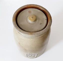 Antique Primitive Salt Glazed Stoneware Crock Jar With LID