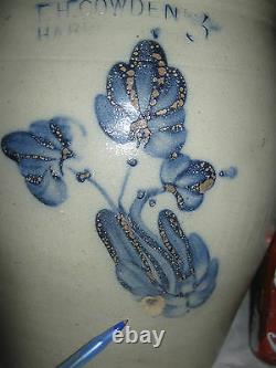 Antique Primitive Sign 3 Gal Country USA Blue Colbalt Flower Art Stoneware Crock