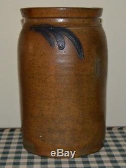 Antique Primitive Stoneware Blue Decorated Crock Jar
