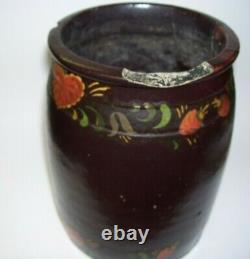Antique Primitive Stoneware Crock Brown with Tole Painting