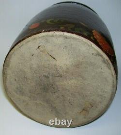 Antique Primitive Stoneware Crock Brown with Tole Painting