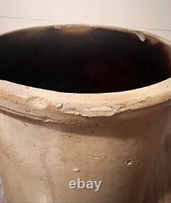 Antique Primitive Stoneware Crock Chunky Farmhouse Stained Crazed Off-Round