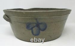 Antique RARE 1800's MILK PAN, BLUE DECORATED STONEWARE with Handles CROCK WOW