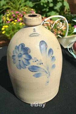 Antique Rare EW Farrington 2 Gal Stoneware Jug in blue Floral Slip NY C 1890