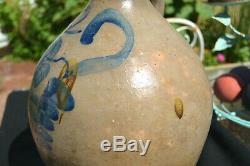 Antique Rare Early 19th C. Ovoid Stoneware Jug Stunning Blue Floral Slip C 1820s