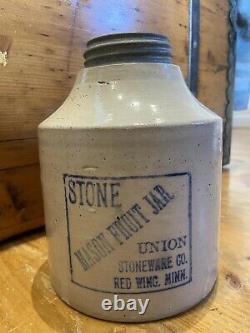 Antique Red Wing Union Stoneware Crock Mason Fruit Jar Zink Lid Canning