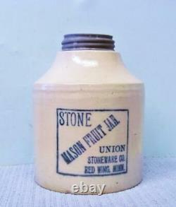 Antique Red Wing Union Stoneware Mason Fruit Jar 1/2 Gallon Blue Letters Crock