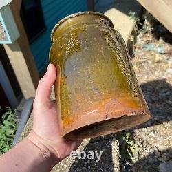 Antique Redware GREAT GREEN Glazed Quart Jar Crock Jug PA or New England 6.75 H